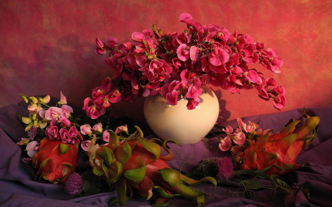 Обои картинки фото еда, натюрморт, чертополох, душистый, горошек, плоды