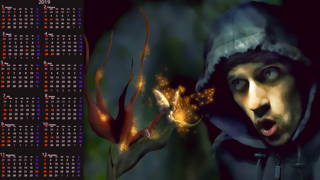 Обои картинки фото календари, фэнтези, фея, капюшон, лицо, мужчина