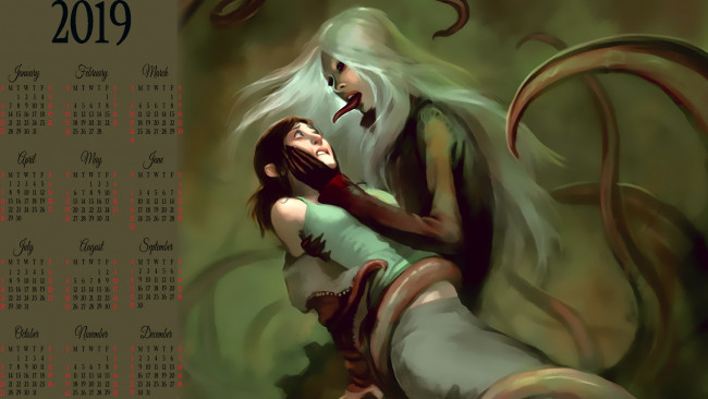 Обои картинки фото календари, фэнтези, щупальце, существо, девушка
