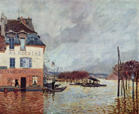 Картинка flood+at+port-marly рисованное alfred+sisley здание люди лодки наводнение деревья
