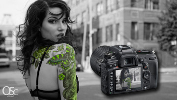 обоя бренды, nikon, профессиональная, фотокамера, девушка, татуировки