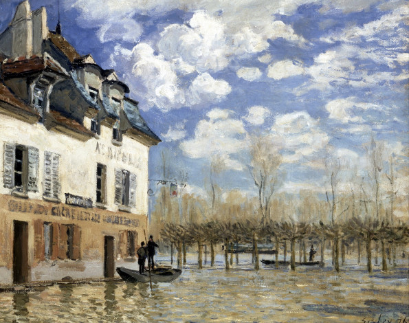 Обои картинки фото boat in the flood at port-marly, рисованное, alfred sisley, небо, облака, здание, люди, лодка, наводнение, деревья