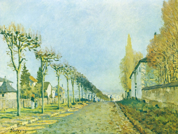 Обои картинки фото рисованное, alfred sisley, аллея, улица, деревья, дома, живопись