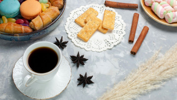 Картинка еда кофе +кофейные+зёрна печенье зефир макаруны анис корица
