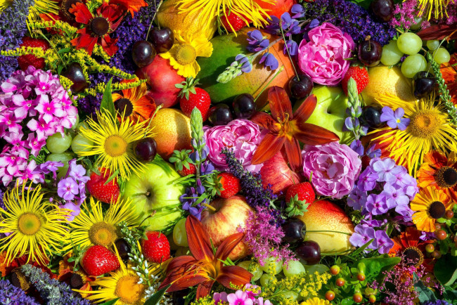 Обои картинки фото еда, фрукты,  ягоды, яблоки, клубника, вишни, виноград