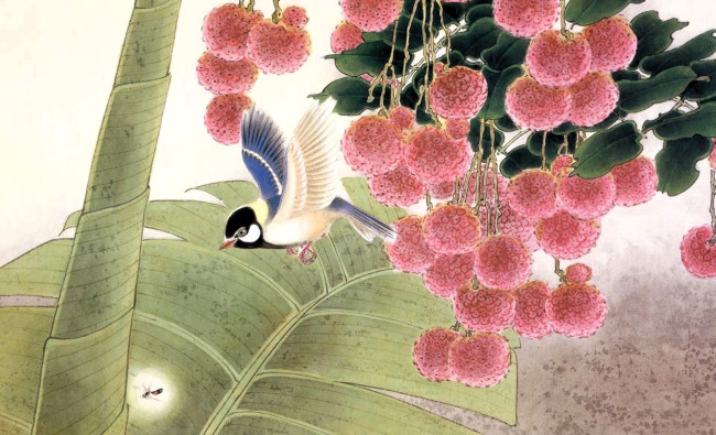 Обои картинки фото рисованное, животные,  птицы, птица, листья, цветы