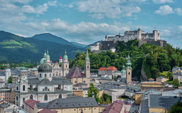 обоя города, зальцбург , австрия, горы, замок, панорама