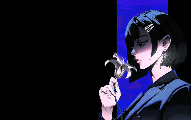 Обои картинки фото рисованное, люди, девушка, брюнетка, заколки, цветок, пиджак