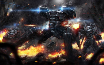 Картинка фэнтези роботы киборги механизмы битва