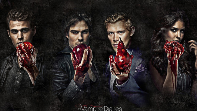 Обои картинки фото the, vampire, diaries, кино, фильмы, paul, wesley, nina, dobrev, ian, somerhalder