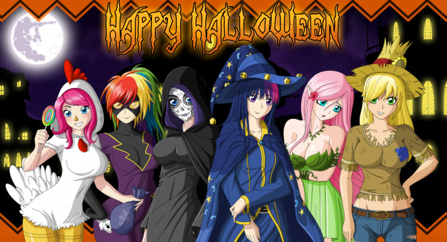 Обои картинки фото праздничные, хэллоуин, маски, шляпы, девушки, луна