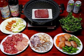 Картинка еда разное креветки напитки овощи мясо