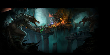 Картинка фэнтези драконы люди дракон схватка мост твари существа