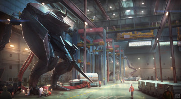 Картинка фэнтези роботы +киборги +механизмы робот ангар рабочие фантастика black knight mech