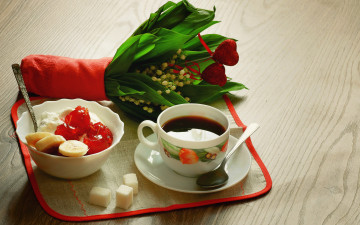Картинка еда кофе +кофейные+зёрна breakfast ландыши банан творог cup завтрак coffee
