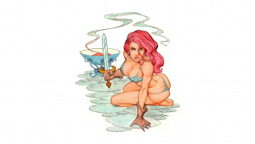 Картинка рисованное комиксы девушка очаг меч взгляд фон