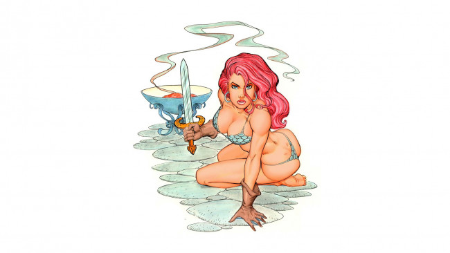 Обои картинки фото рисованное, комиксы, девушка, очаг, меч, взгляд, фон