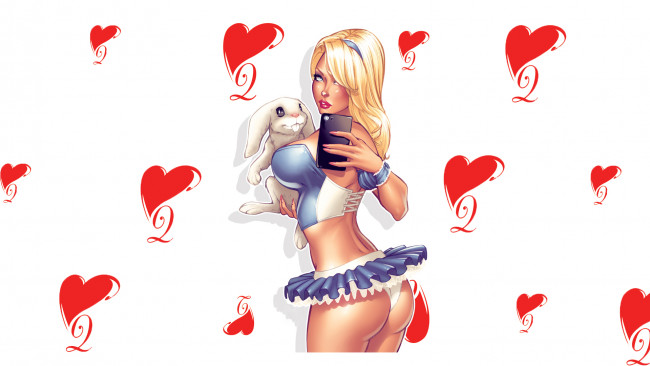 Обои картинки фото рисованное, люди, заяц, смартфон, взгляд, фон, девушка