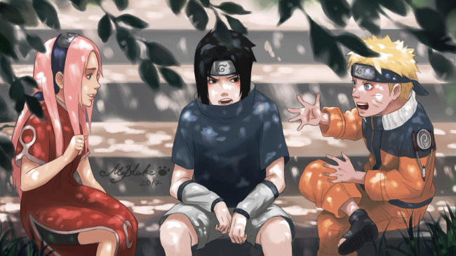 Обои картинки фото аниме, naruto, art, uchiha, sasuke, uzumaki, team, 7, haruno, sakura, by, blackmarlb0r0
