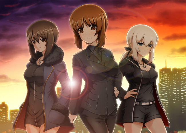 Обои картинки фото аниме, girls und panzer, девушки, взгляд, фон