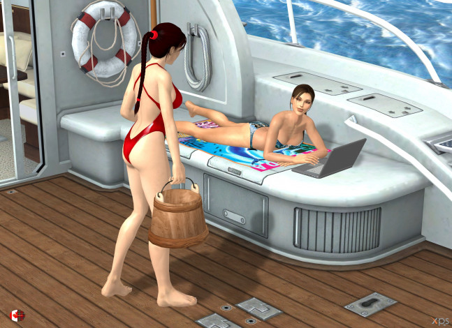 Обои картинки фото 3д графика, фантазия , fantasy, девушки, яхта, взгляд, фон