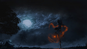 Картинка фэнтези магия фонарь болото луна тучи фигура