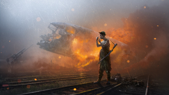 Обои картинки фото фэнтези, люди, взрыв, рельсы, оружие, человек