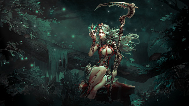 Обои картинки фото фэнтези, маги,  волшебники, череп, фон, девушка, коса