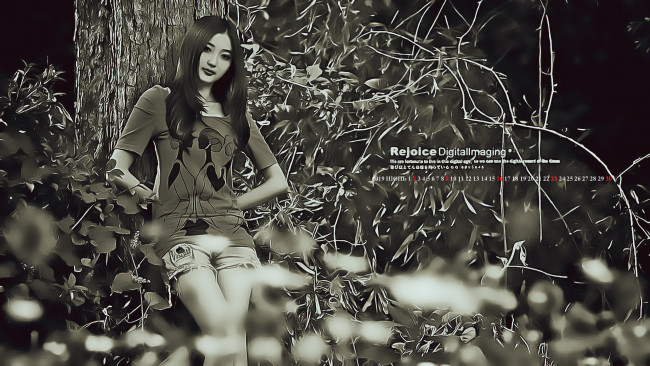 Обои картинки фото календари, компьютерный дизайн, растение, азиатка, взгляд, природа, дерево, девушка, calendar