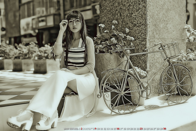 Обои картинки фото календари, компьютерный дизайн, девушка, азиатка, улица, велосипед, calendar, сидеть, очки