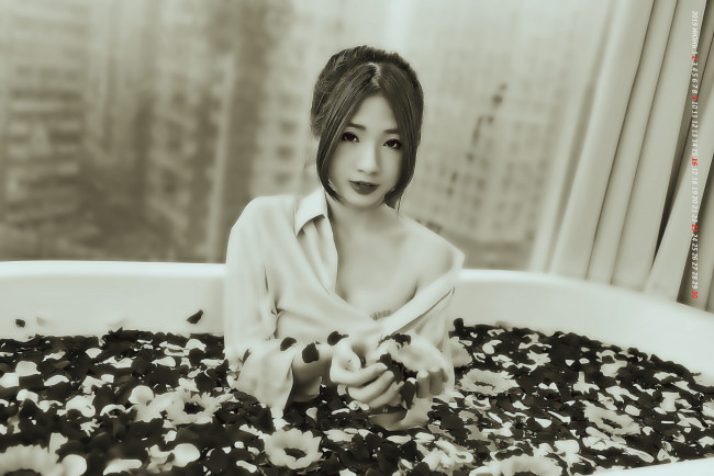 Обои картинки фото календари, компьютерный дизайн, окно, calendar, цветы, ванна, взгляд, девушка, азиатка