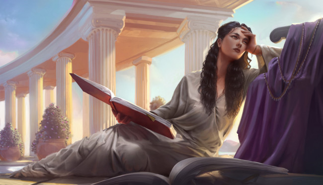 Обои картинки фото рисованное, люди, девушка, фон, колонна