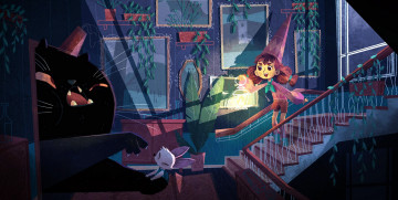 Картинка аниме животные +существа девочка лестница дом фонарь