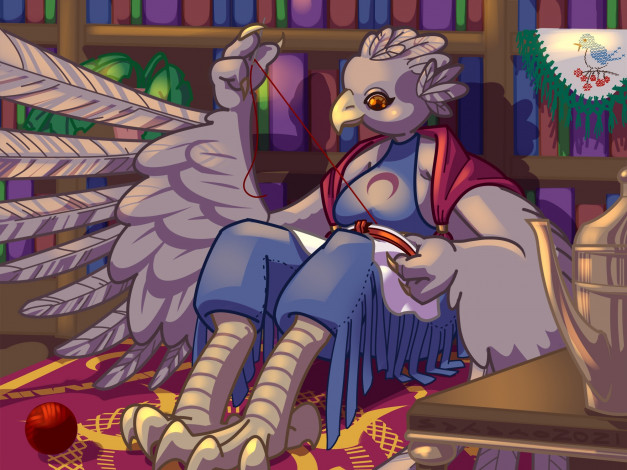 Обои картинки фото фэнтези, существа, птица, существо, вышивка, книги