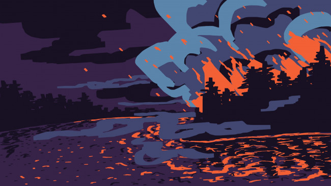 Обои картинки фото векторная графика, природа , nature, река, лес, пожар