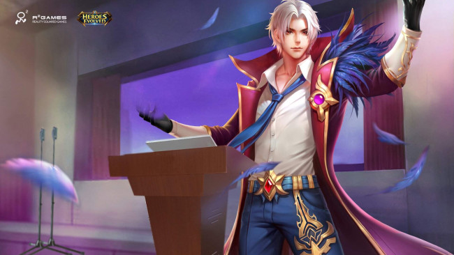 Обои картинки фото видео игры, heroes evolved, парень, перья, трибуна