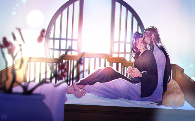 Обои картинки фото аниме, mo dao zu shi, вэй, усянь, лань, ванцзы, постель