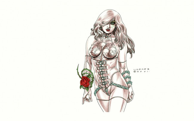 Обои картинки фото рисованное, joseph michael linsner, девушка, роза, боди, цепи