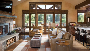 Картинка интерьер гостиная камин дрова диван кресло