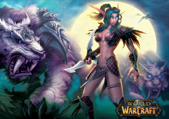 Обои картинки фото видео игры, world of warcraft, эльфийка, тигры