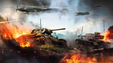 обоя видео игры, war thunder, самолеты, танки, огонь, бой, война