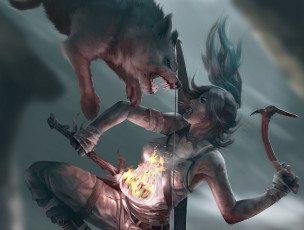 Картинка видео игры tomb raider 2013 факел волк девушка