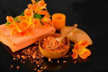 Картинка разное косметические+средства +духи морская соль свеча полотенце мыло цветы