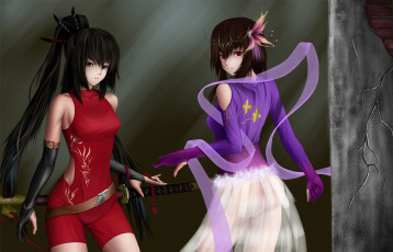 Картинка аниме -weapon +blood+&+technology трещина стена угол меч катана девушки арт