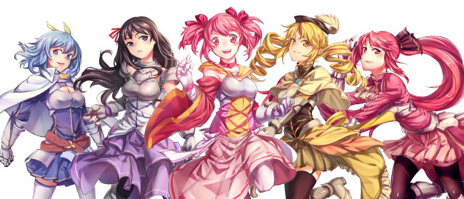 Обои картинки фото аниме, mahou shoujo madoka magika, miki, sayaka, kaname, madoka, akemi, homura, девушки, pg, art, безразличие, радость, улыбка, взгляд, tomoe, mami, mahou, shoujo, magica, sakura, kyouko