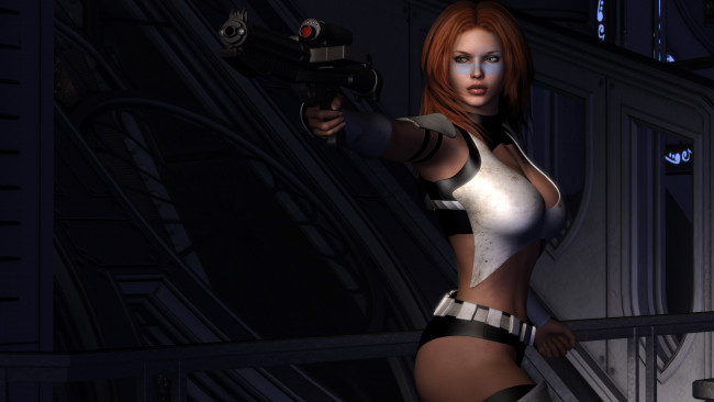 Обои картинки фото 3д графика, люди , people, оружие, взгляд, девушка