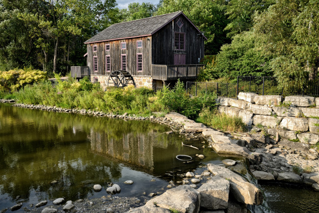 Обои картинки фото разное, мельницы, колесо, лес, река, мельница