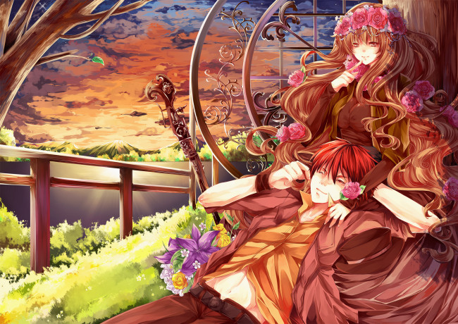 Обои картинки фото аниме, *unknown , другое, пейзаж, девушка, парень, арт, револьвер, венок, цветы, озеро, горы, закат