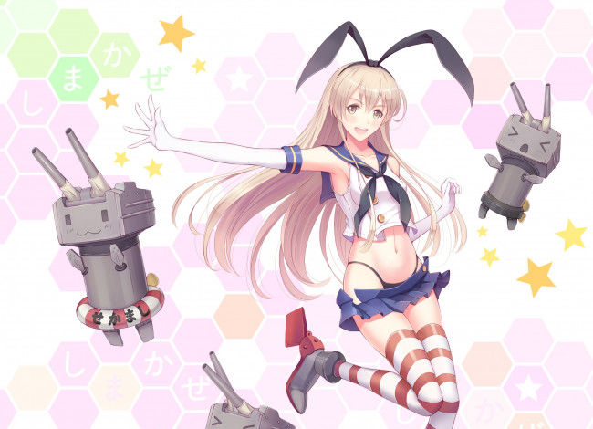 Обои картинки фото аниме, -weapon,  blood & technology, роботы, девушка, ltt, challenger, shimakaze, destroyer, art, матроска, трусики, взгляд, радость, жест, kantai, collection