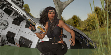 Картинка 3д+графика фантазия+ fantasy взгляд девушка оружие фон